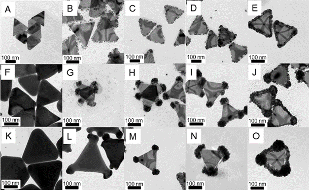Figure 1. TEM images of AgPd nanodendrite- modified Au nanoprisms with different amounts of Ag coating (A,F,K) and H2PdCl4 (A-E, F-J, K-O).