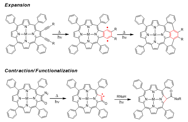 Figure 1. Radical-generating porphyrin/chlorin architectures for ring expansion/contraction functionalization strategies.